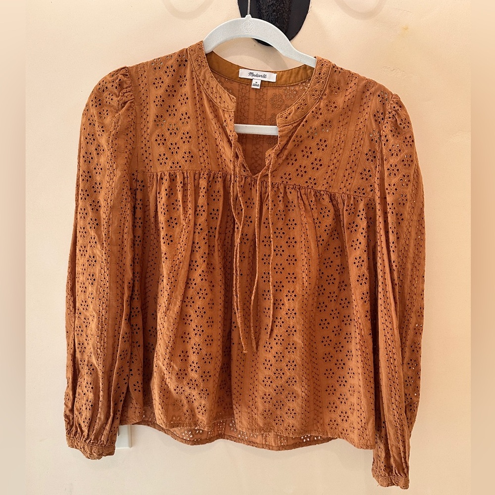 Madewell embroidered blouse with tie front detail